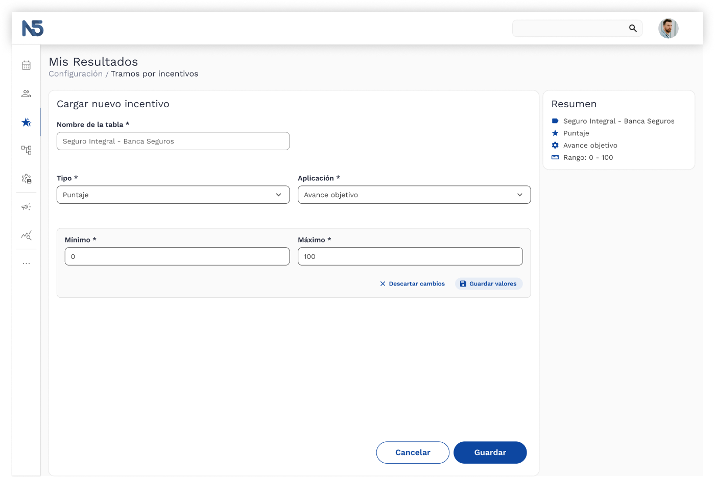 Pantalla de configuración de un incentivo antes de que exista la sección de tramos.